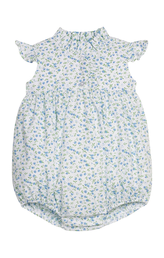 Green and Blue Floral baby romper on a white background