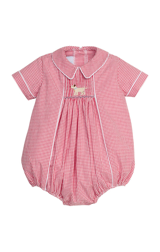 Red and white checkered baby boy bubble with a lab smocked design on chest