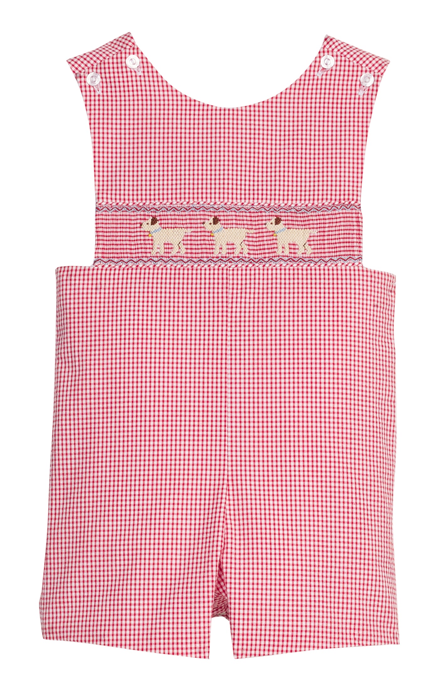 Red gingham  smocked romper with embroidered lab design on the chest.