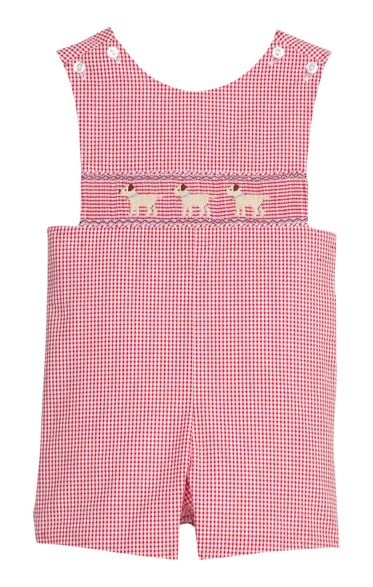 Red gingham  smocked romper with embroidered lab design on the chest.