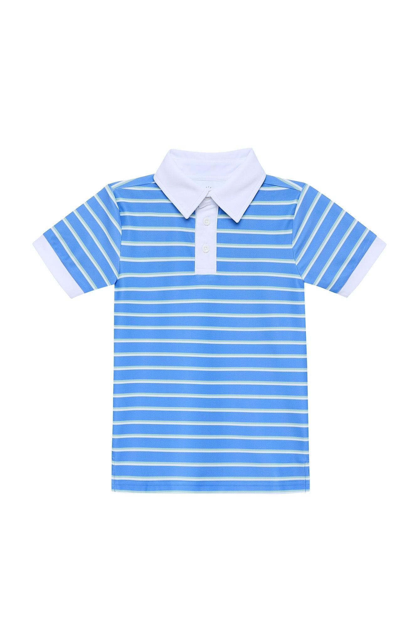 Blue, white and green striped polo shirt with a white collar 