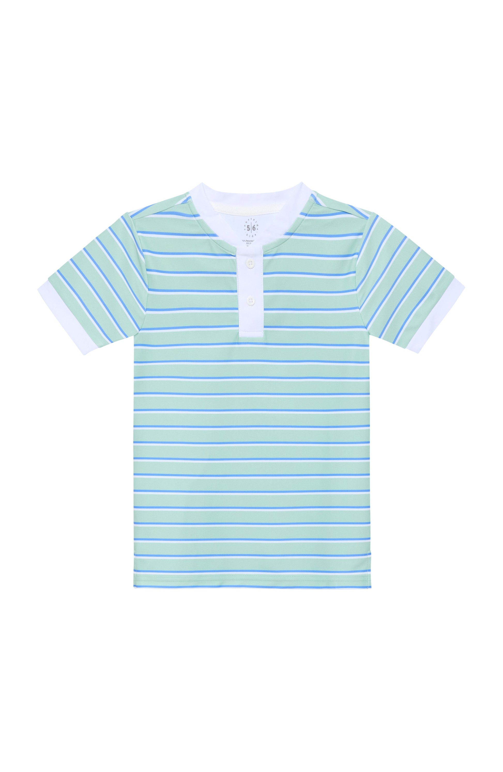Green and Blue Striped t-shirt with a collar and three buttons 