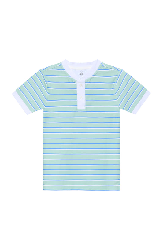 Green and Blue Striped t-shirt with a collar and three buttons 
