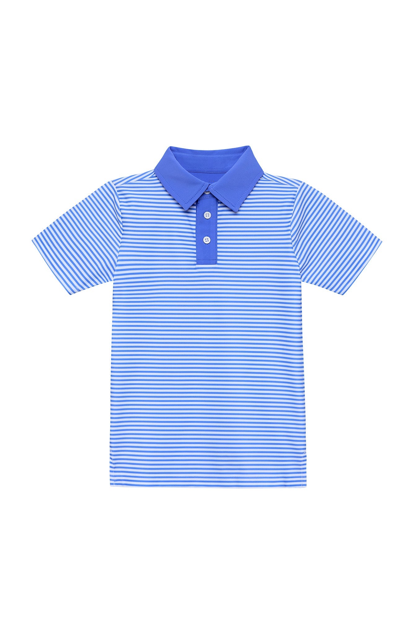 Blue and white striped polo shirt with dark blue polo collar
