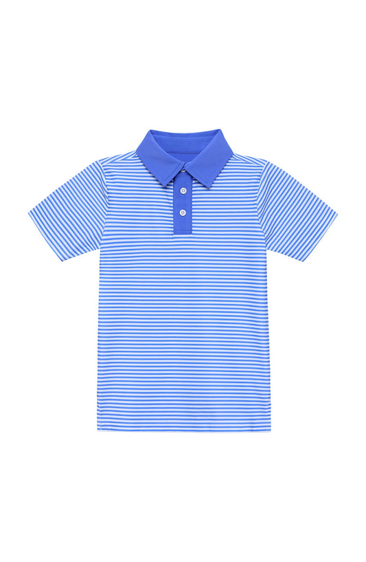Blue and white striped polo shirt with dark blue polo collar