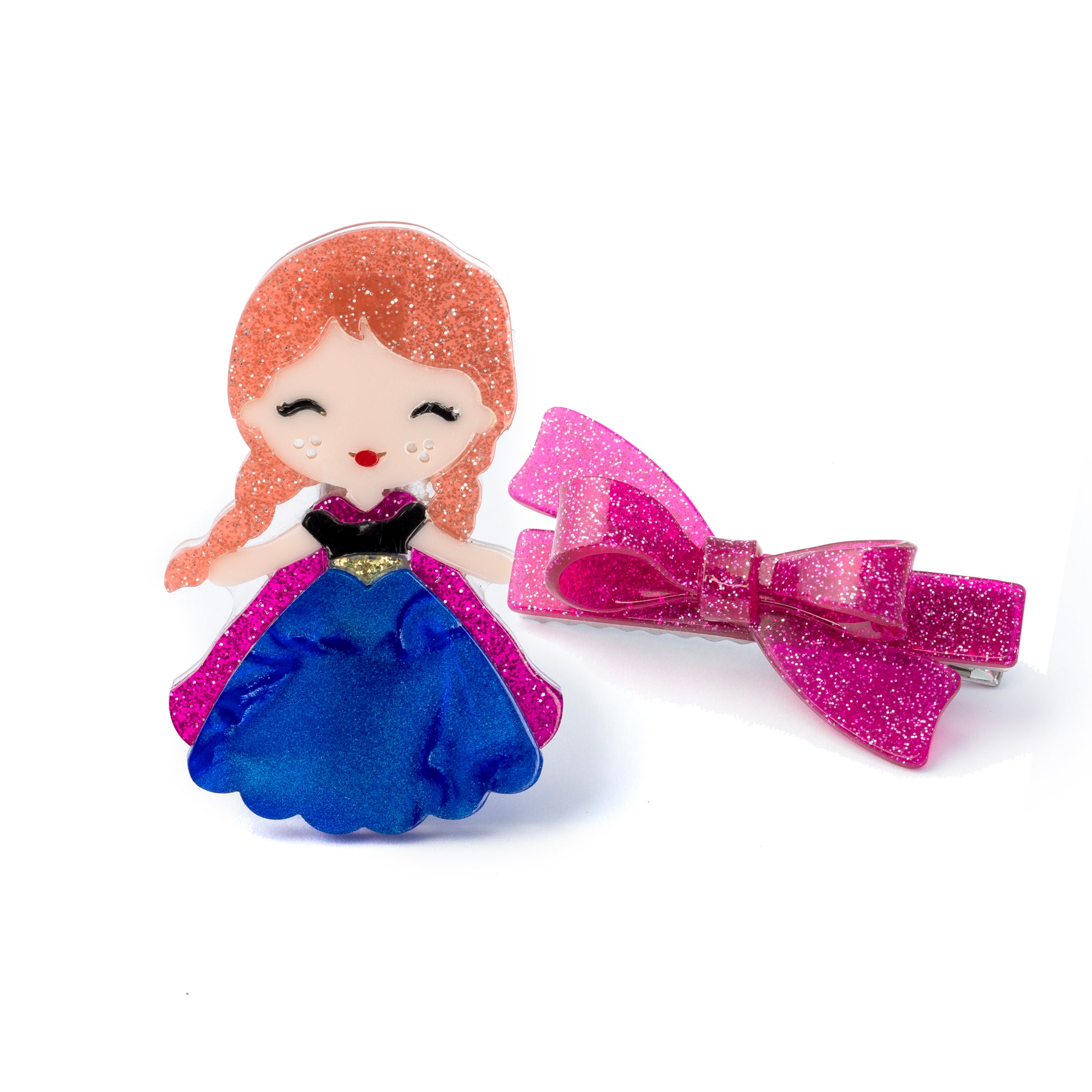 Hair clip with a character design and a large pink bow 