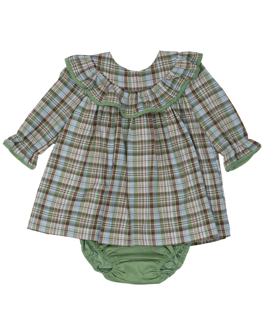 Green and brown plaid bloomer set with matching green velour bottoms