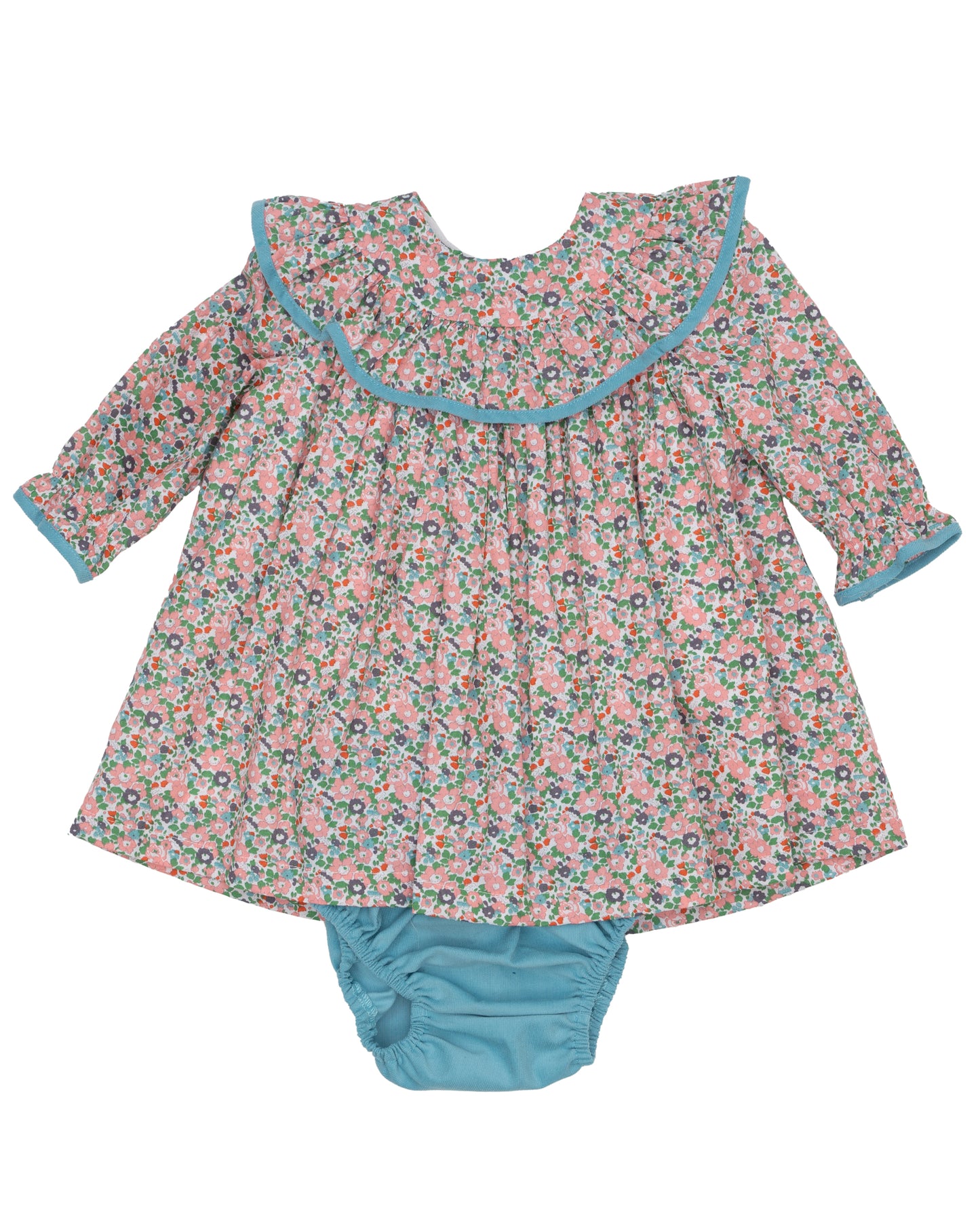 Floral long sleeve dress with blue trim and matching bloomers.