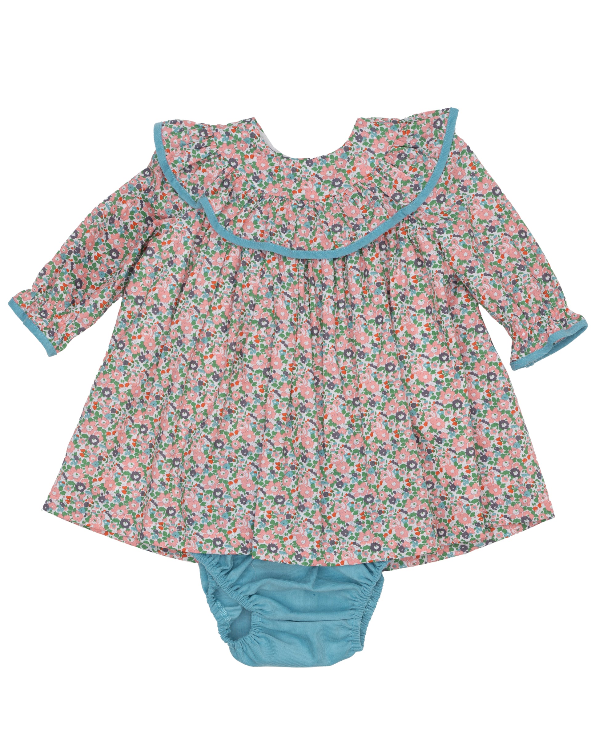 Floral long sleeve dress with blue trim and matching bloomers.