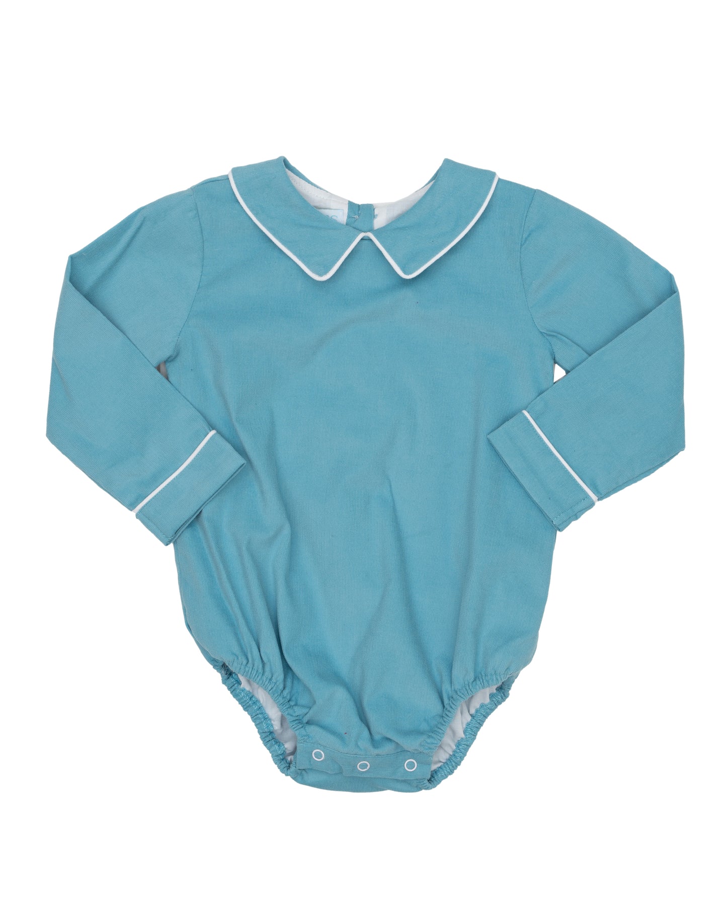 A long-sleeve bodysuit in light blue corduroy with white piping details on the collar and cuffs.