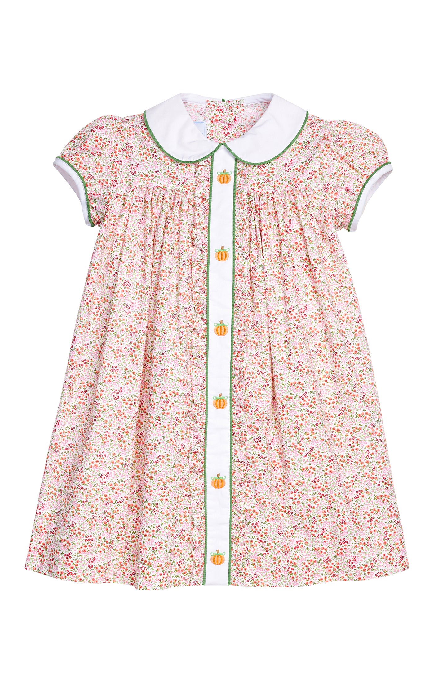 A baby girl's short-sleeve dress with a pink and white floral print, featuring a white Peter Pan collar, white cuffs, and a central white placket with orange pumpkin buttons and green trim.