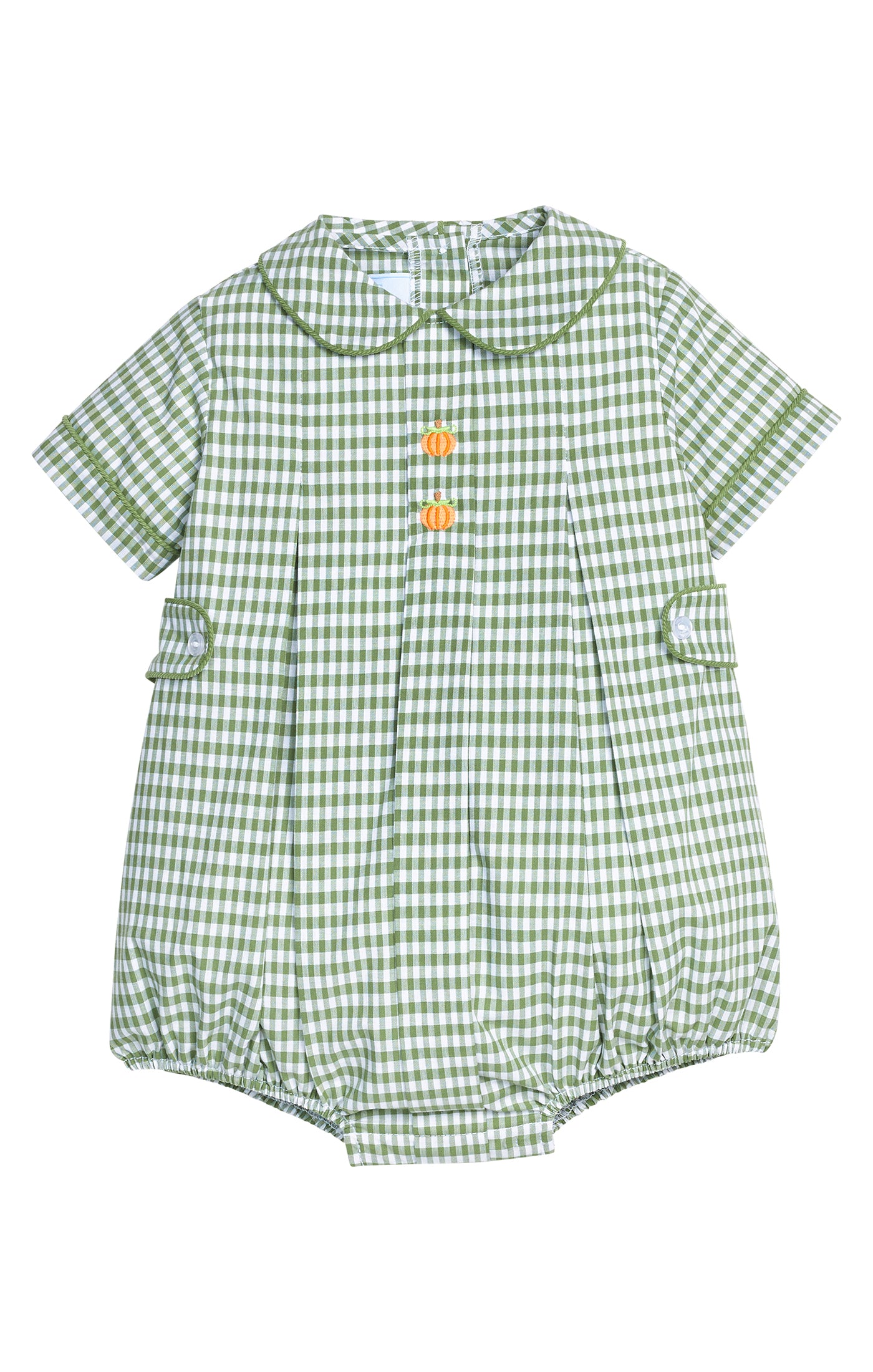 A green and white gingham baby romper with a Peter Pan collar, short sleeves, and three decorative orange buttons on the front.