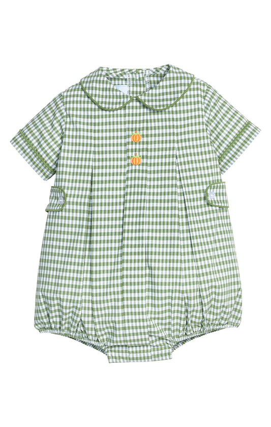 A green and white gingham baby romper with a Peter Pan collar, short sleeves, and three decorative orange buttons on the front.