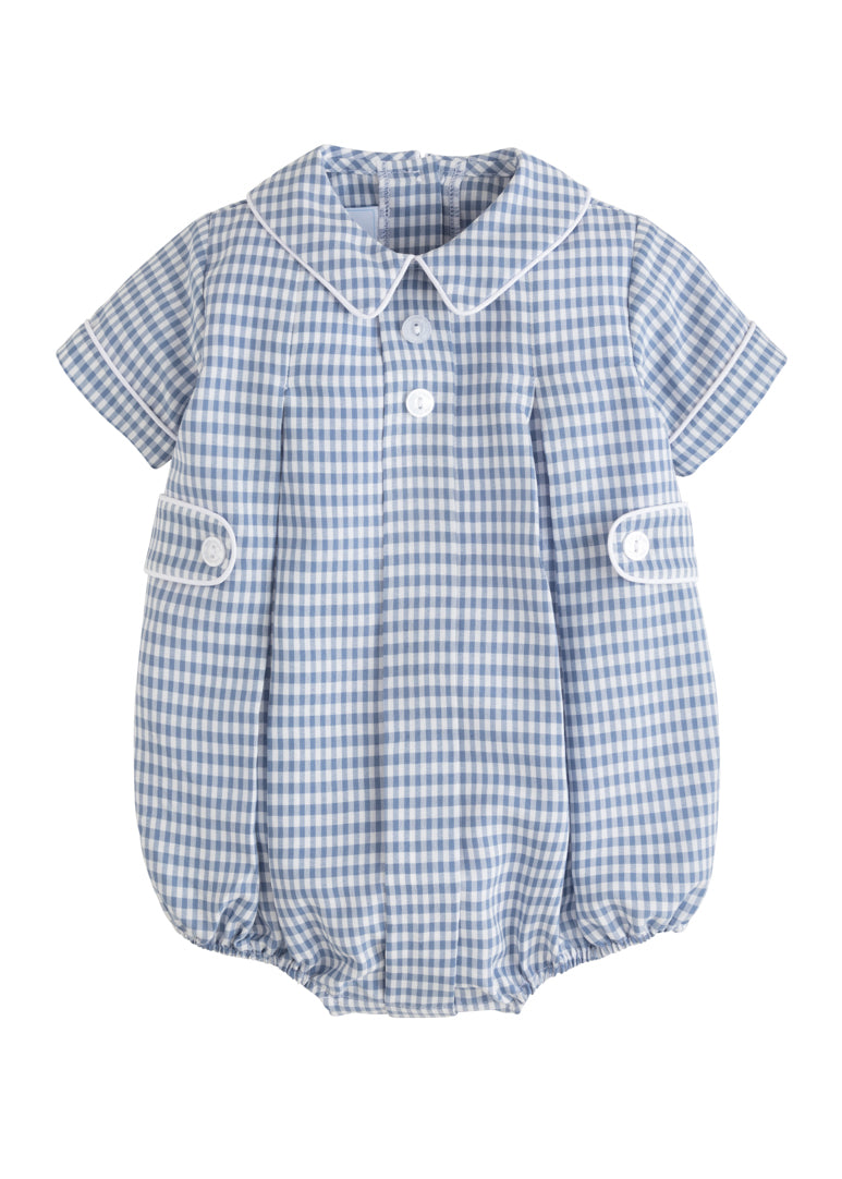 Blue and white checkered baby romper with collar