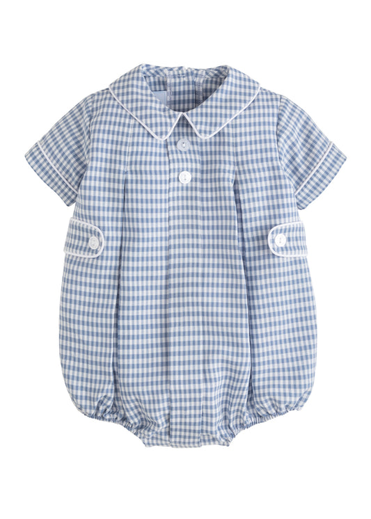 Blue and white checkered baby romper with collar