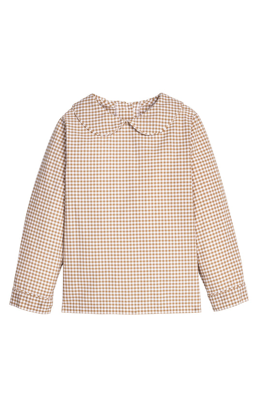 Brown and white checkered blouse on a white background