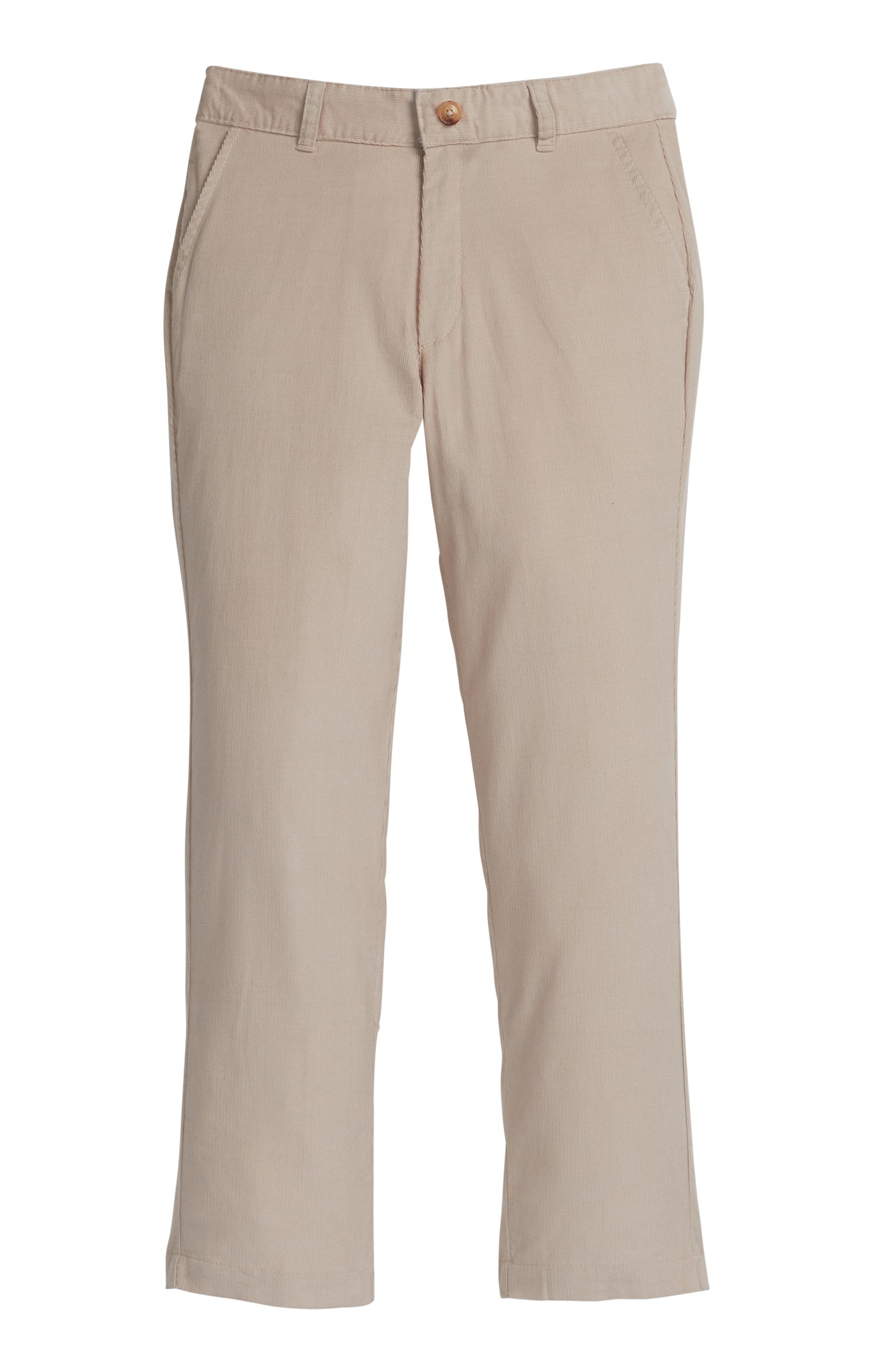 A pair of straight-leg cordoroy pants in a light beige or khaki color
