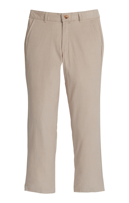 A pair of straight-leg cordoroy pants in a light beige or khaki color