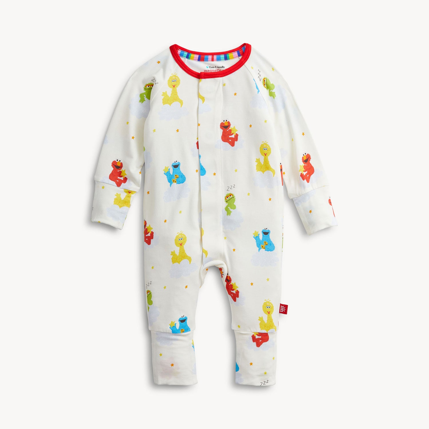 A baby long-sleeve footless romper with a white base and colorful Sesame Street character print, featuring a red collar and front zipper.