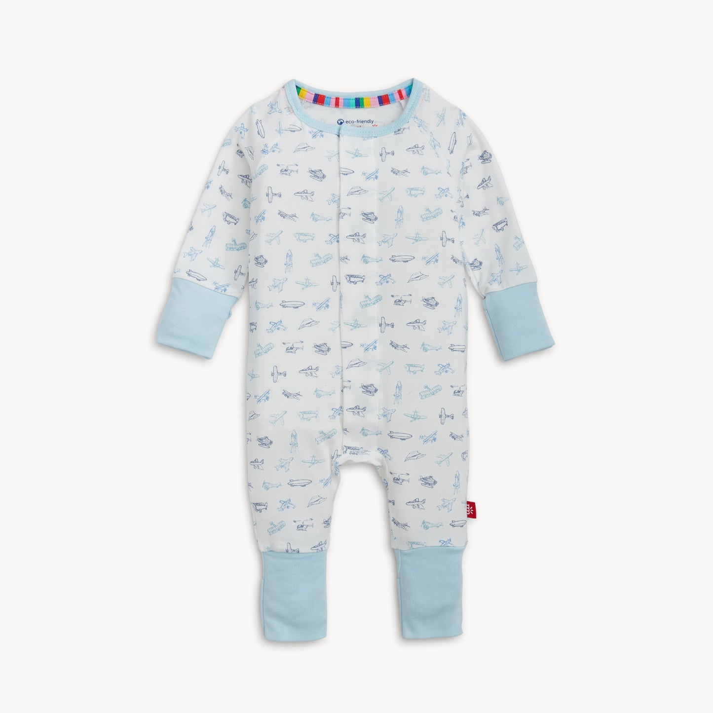 Baby onesie with airplane pattern on a white background