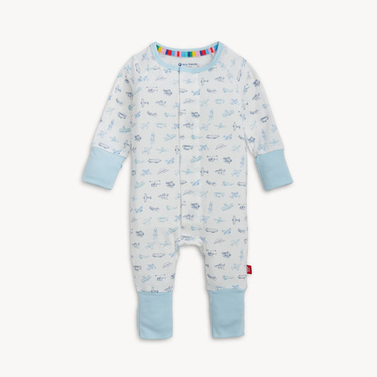 Baby onesie with airplane pattern on a white background