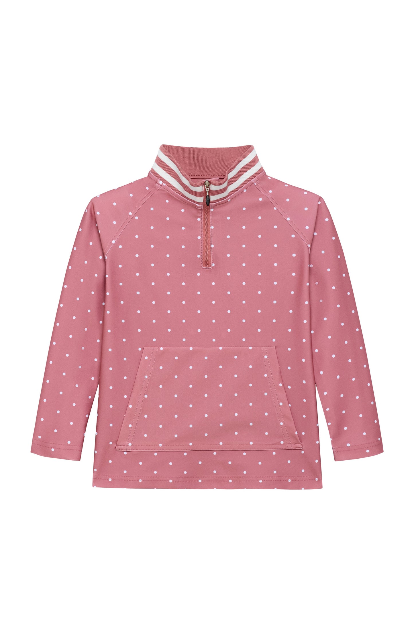 A pink long-sleeve quarter-zip pullover sweatshirt with a white polka dot pattern, featuring a striped mock neck collar and a front kangaroo pocket, shown on a plain white background.