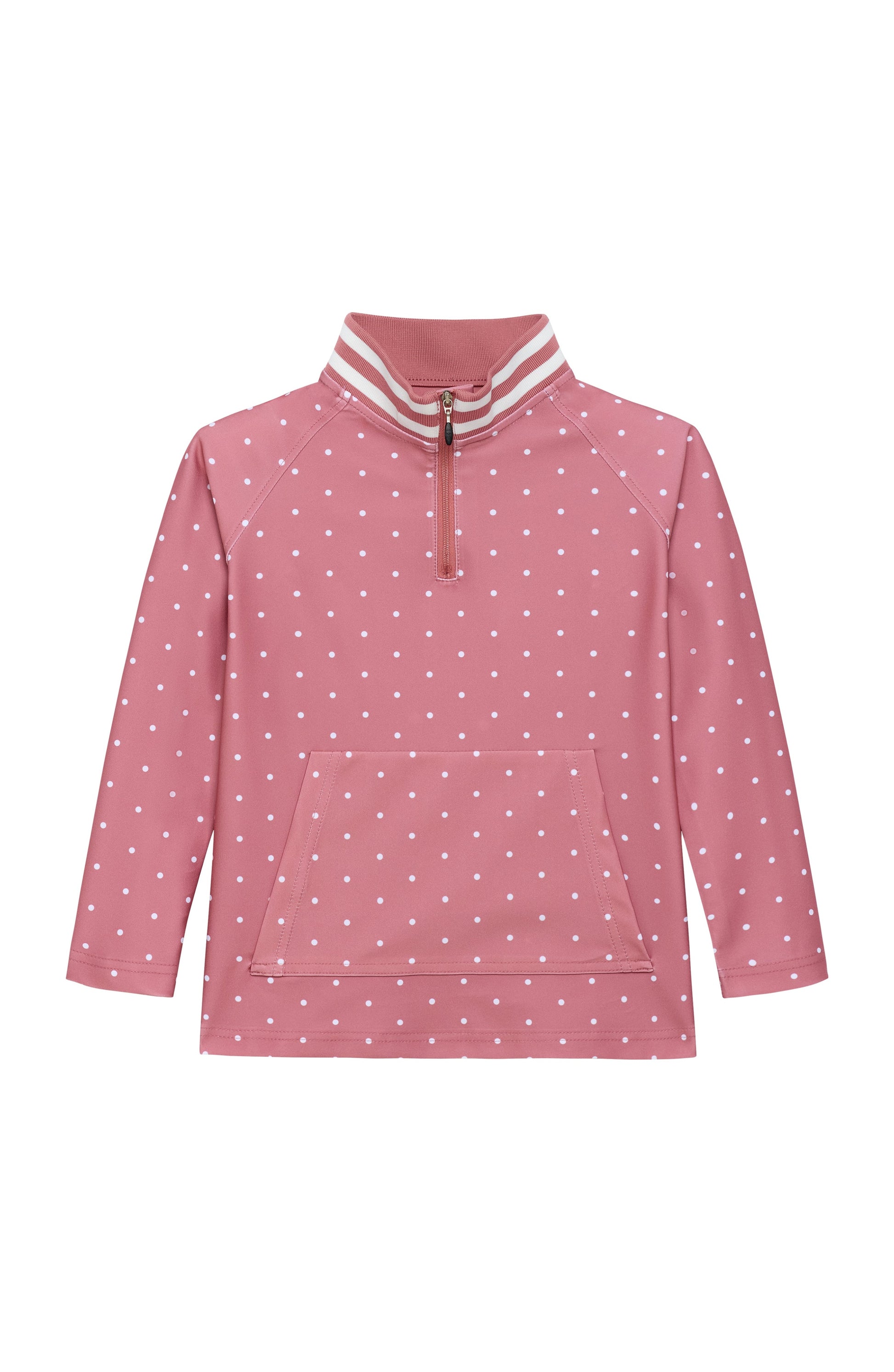 A pink long-sleeve quarter-zip pullover sweatshirt with a white polka dot pattern, featuring a striped mock neck collar and a front kangaroo pocket, shown on a plain white background.