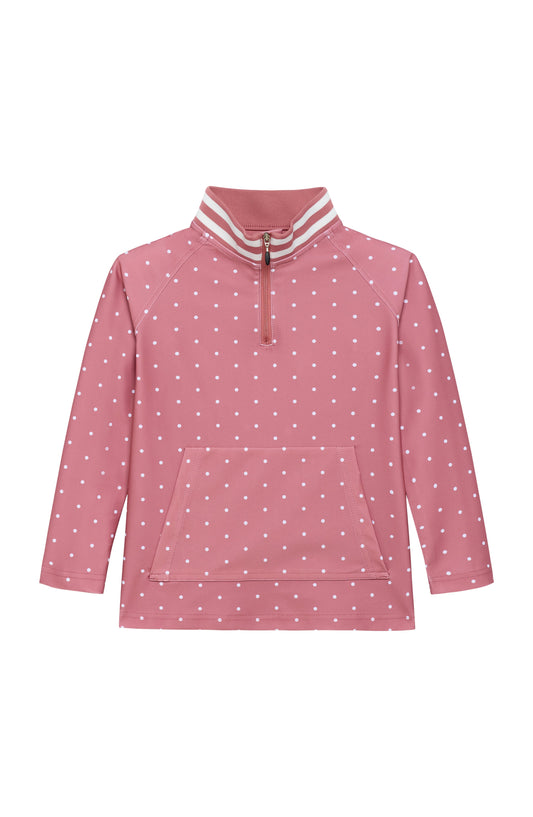 A pink long-sleeve quarter-zip pullover sweatshirt with a white polka dot pattern, featuring a striped mock neck collar and a front kangaroo pocket, shown on a plain white background.