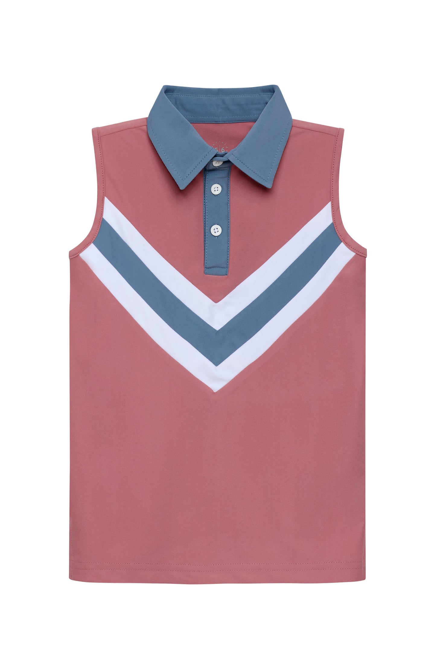 A sleeveless polo shirt in dusty rose pink, featuring a slate blue collar and placket with white and slate blue chevron stripes across the chest.