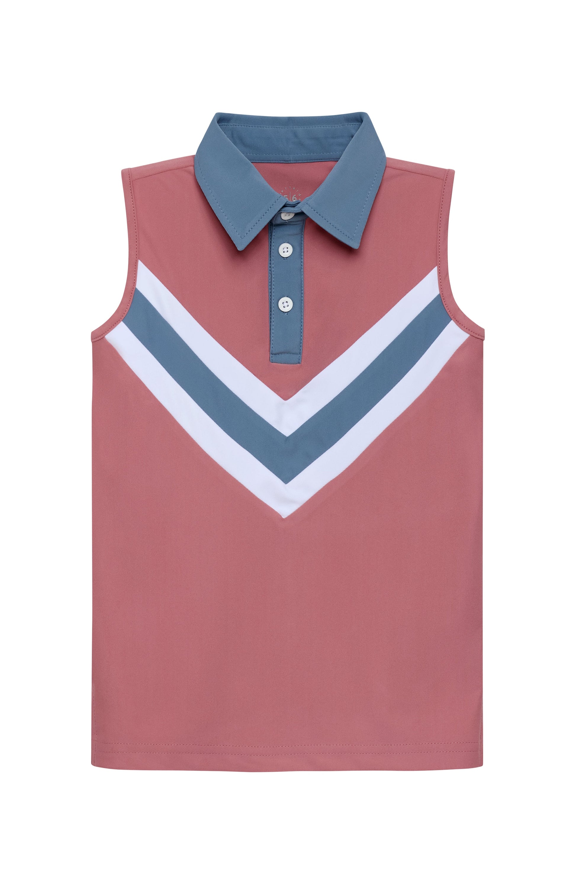 A sleeveless polo shirt in dusty rose pink, featuring a slate blue collar and placket with white and slate blue chevron stripes across the chest.