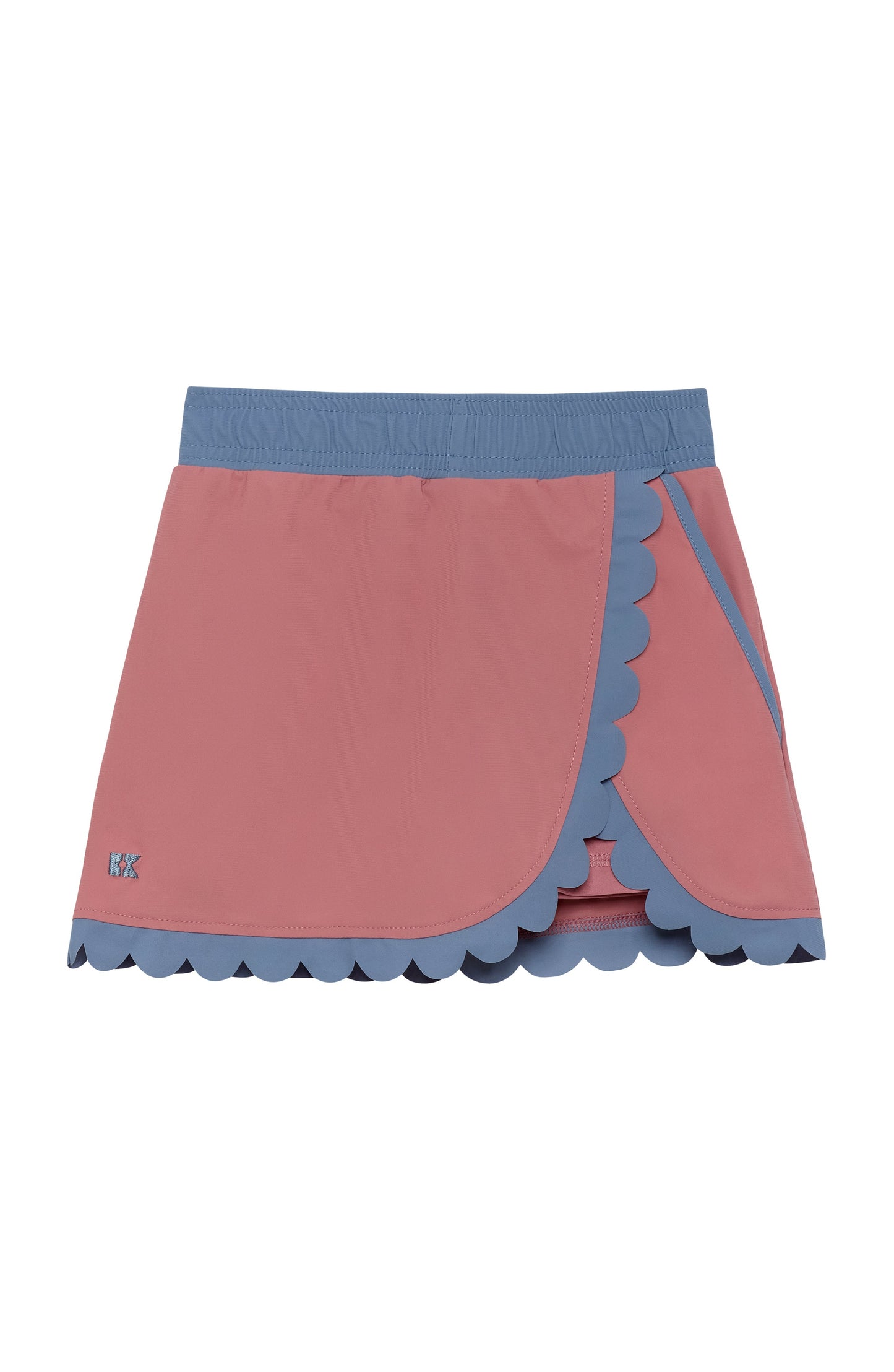A pink wrap-style skirt with dusty blue scalloped trim and a matching blue elastic waistband, shown flat on a white background.