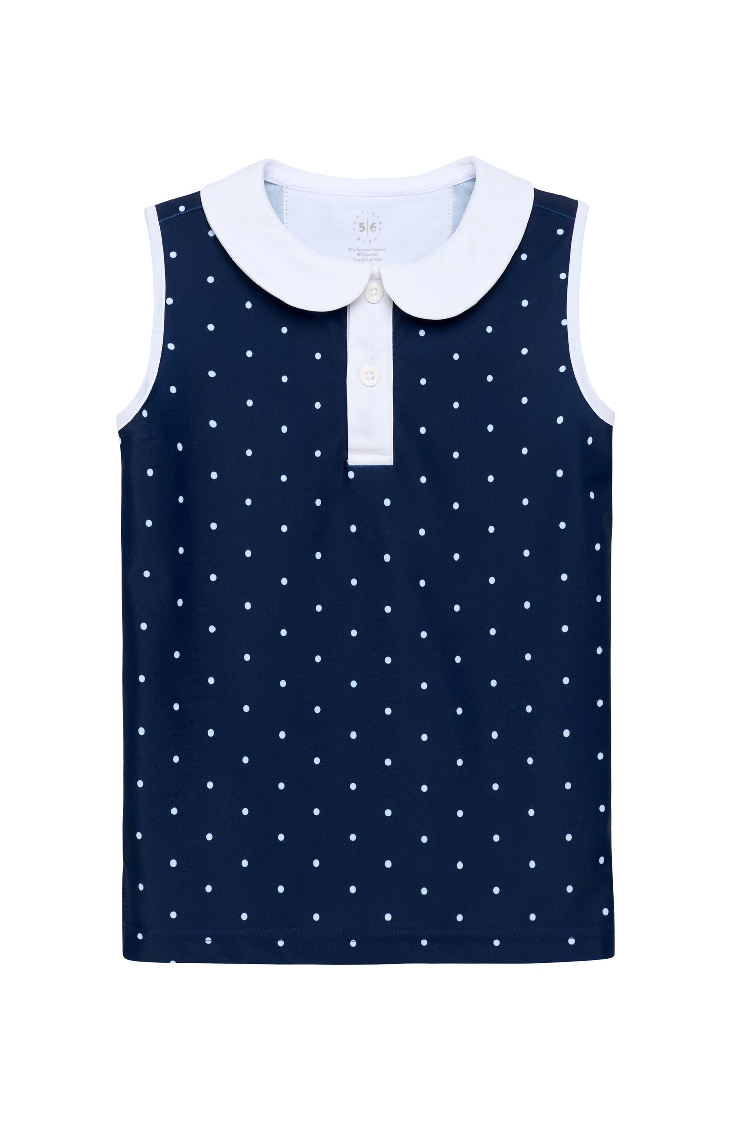 A sleeveless navy blue top with a white polka dot pattern, featuring a white Peter Pan collar and a white button placket.