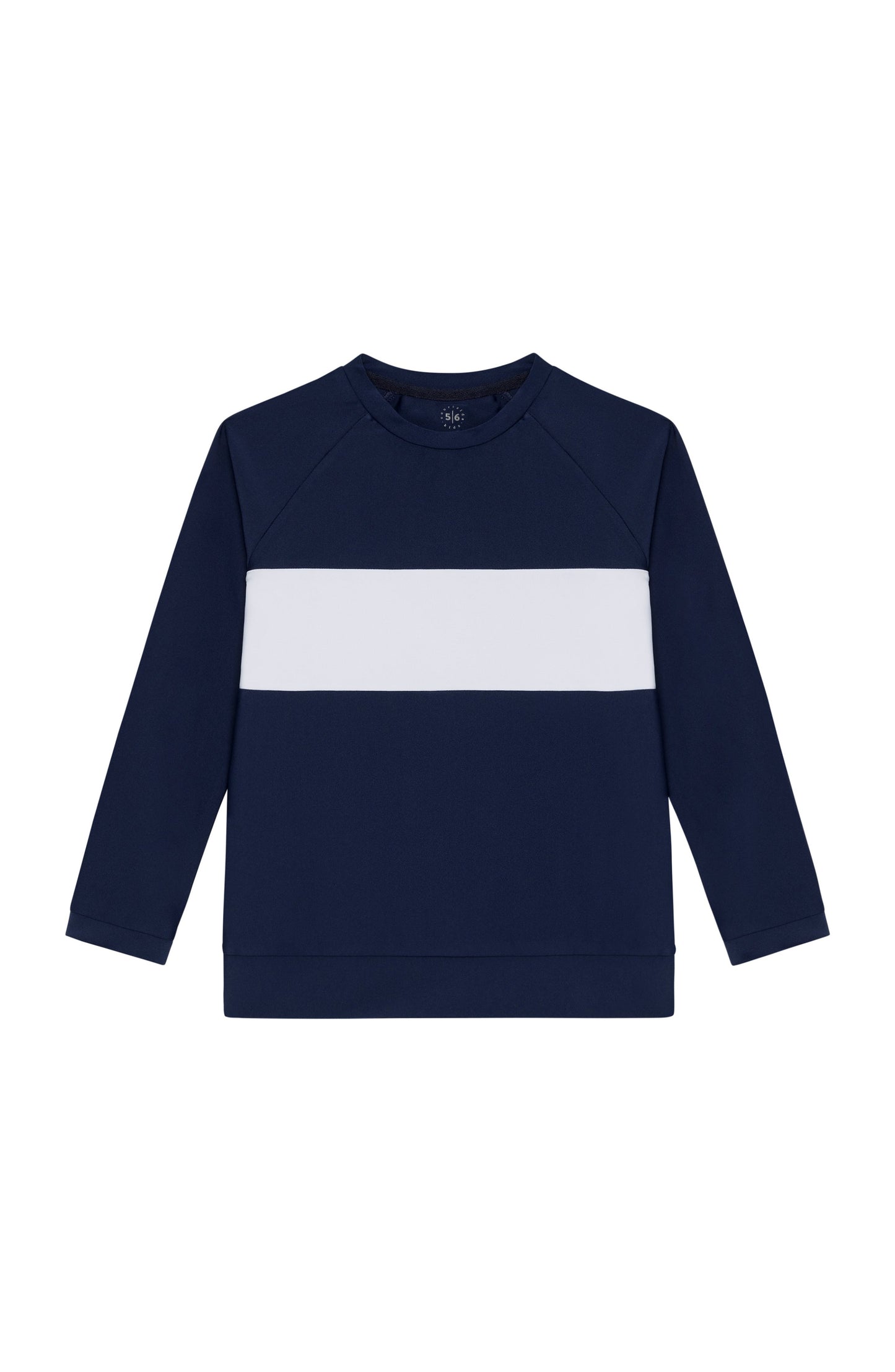 A navy blue long-sleeve crewneck sweatshirt with a wide white horizontal stripe across the chest, displayed flat against a solid white background.