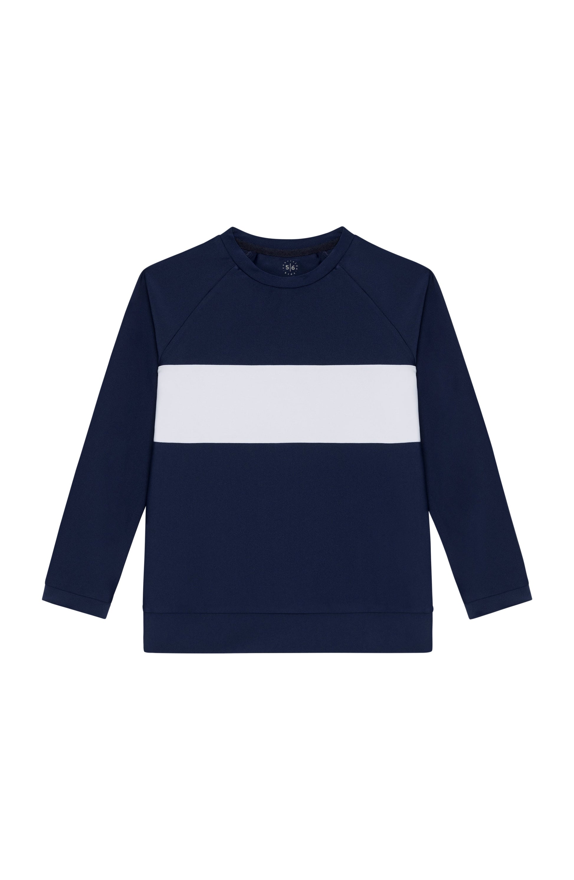 A navy blue long-sleeve crewneck sweatshirt with a wide white horizontal stripe across the chest, displayed flat against a solid white background.