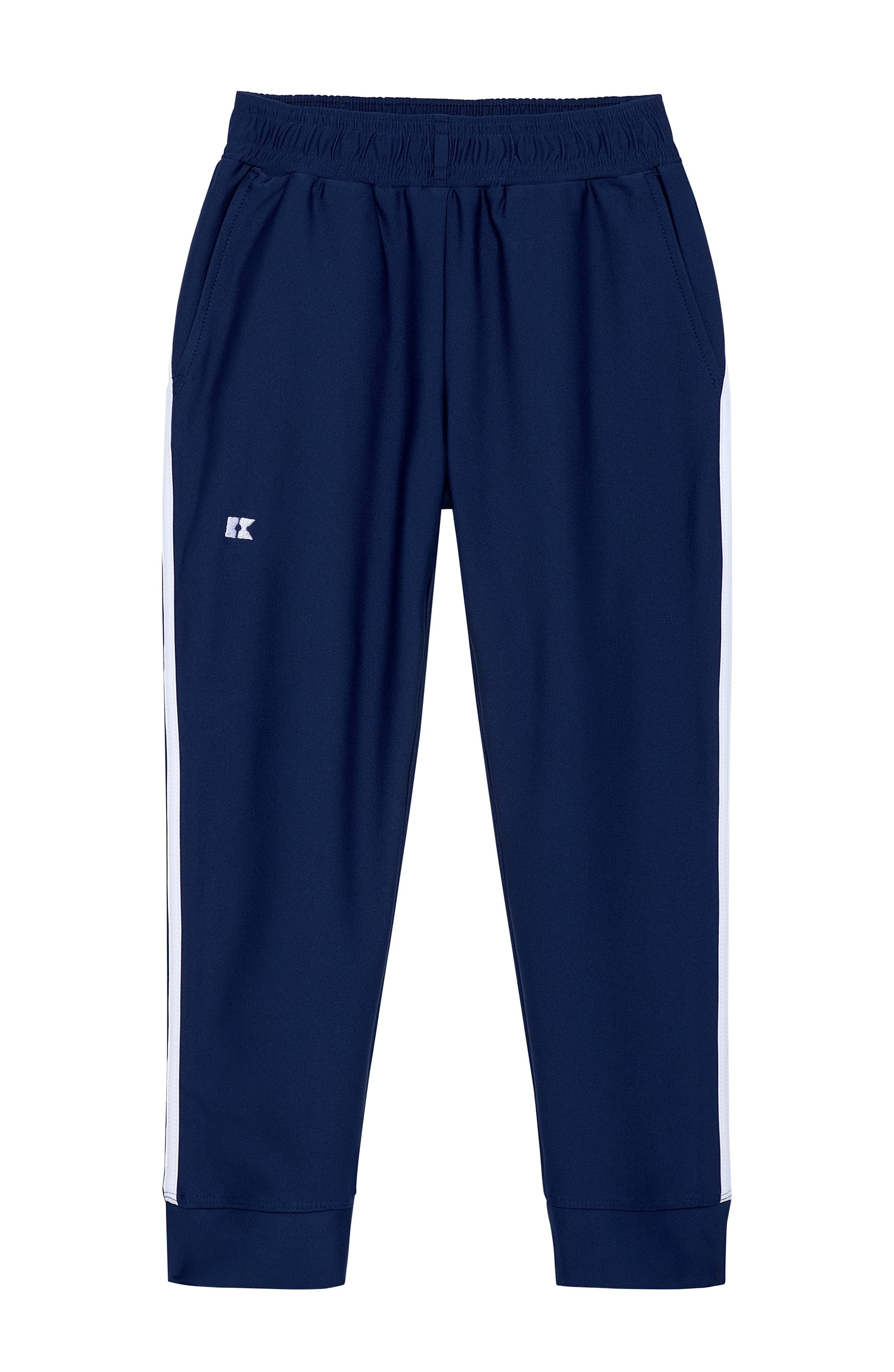 Navy blue track pants with white side stripes and a small white embroidered logo on the left thigh, shown against a plain white background.