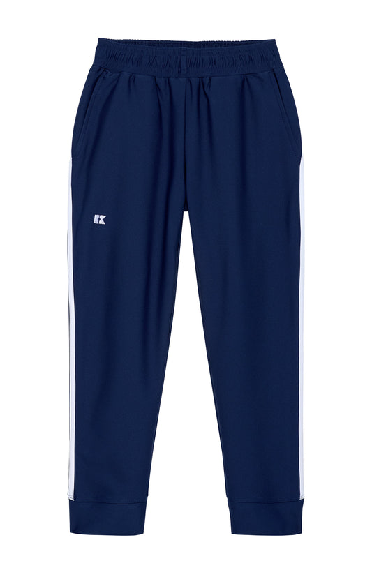 Navy blue track pants with white side stripes and a small white embroidered logo on the left thigh, shown against a plain white background.