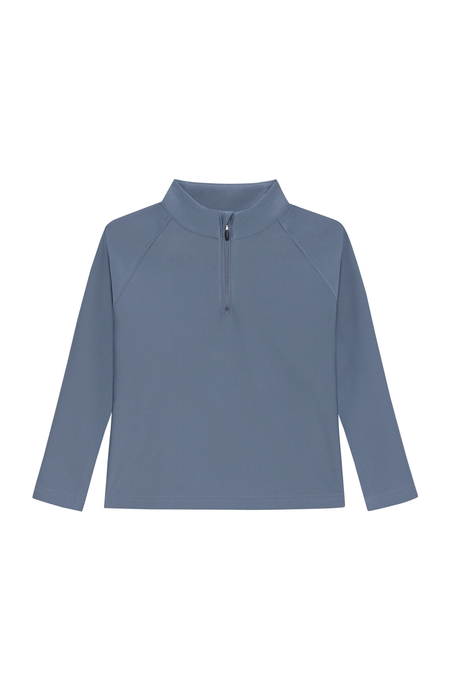 A long-sleeve quarter-zip pullover top in a muted slate blue color, displayed flat against a solid white background.