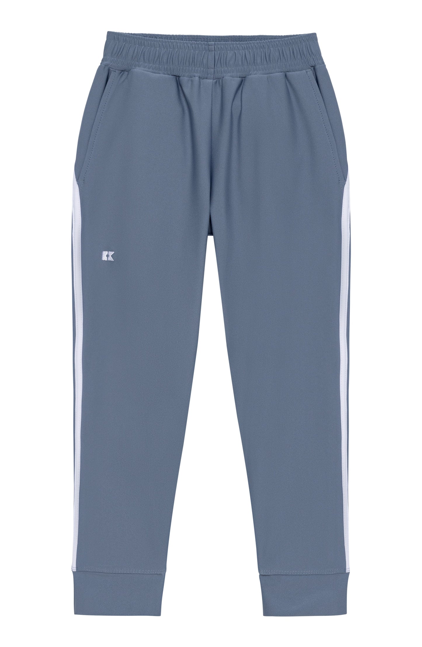 A pair of slate blue sweatpants with white side stripes and a small white embroidered logo on the left thigh, shown against a plain white background.