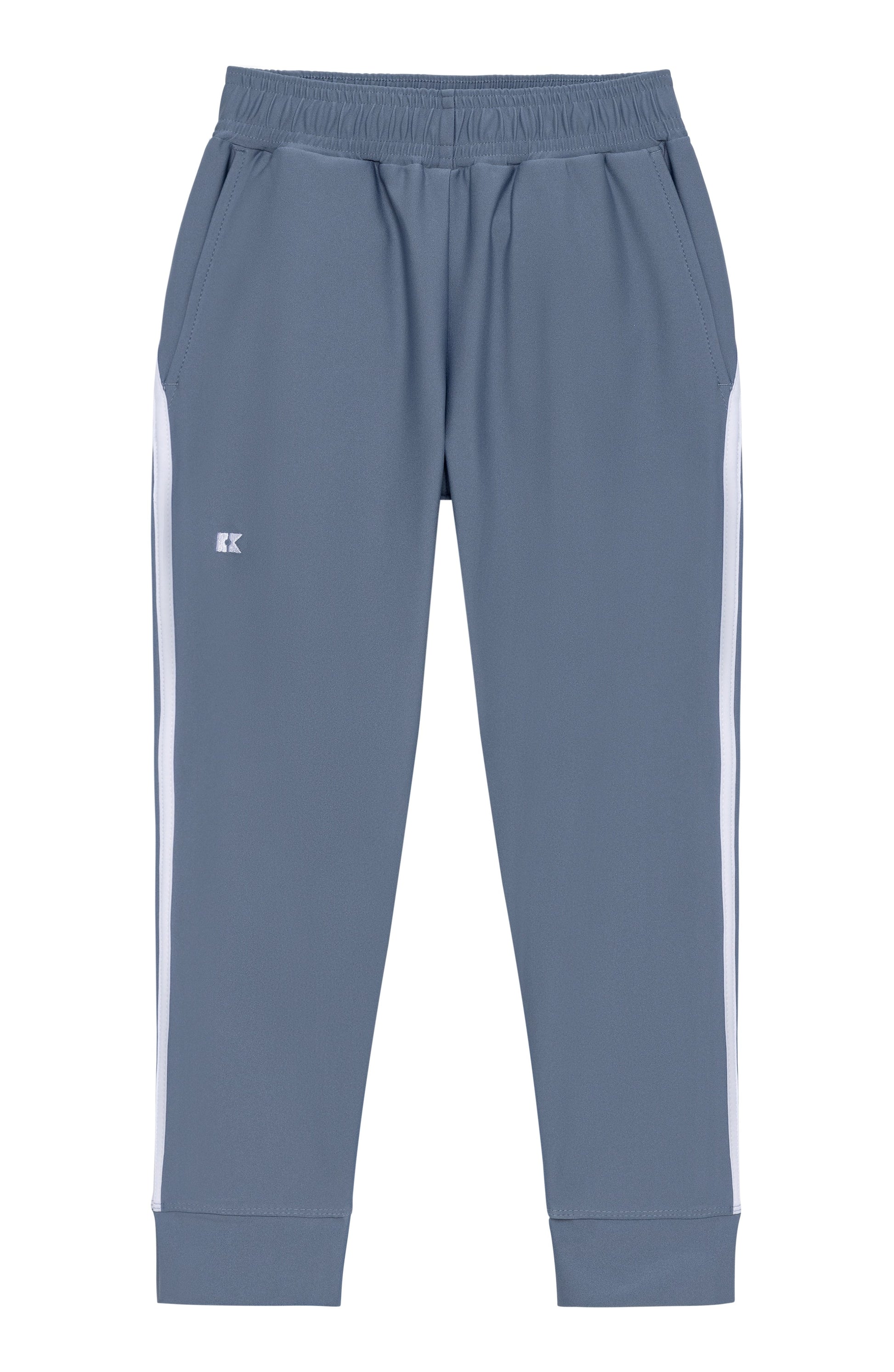 A pair of slate blue sweatpants with white side stripes and a small white embroidered logo on the left thigh, shown against a plain white background.