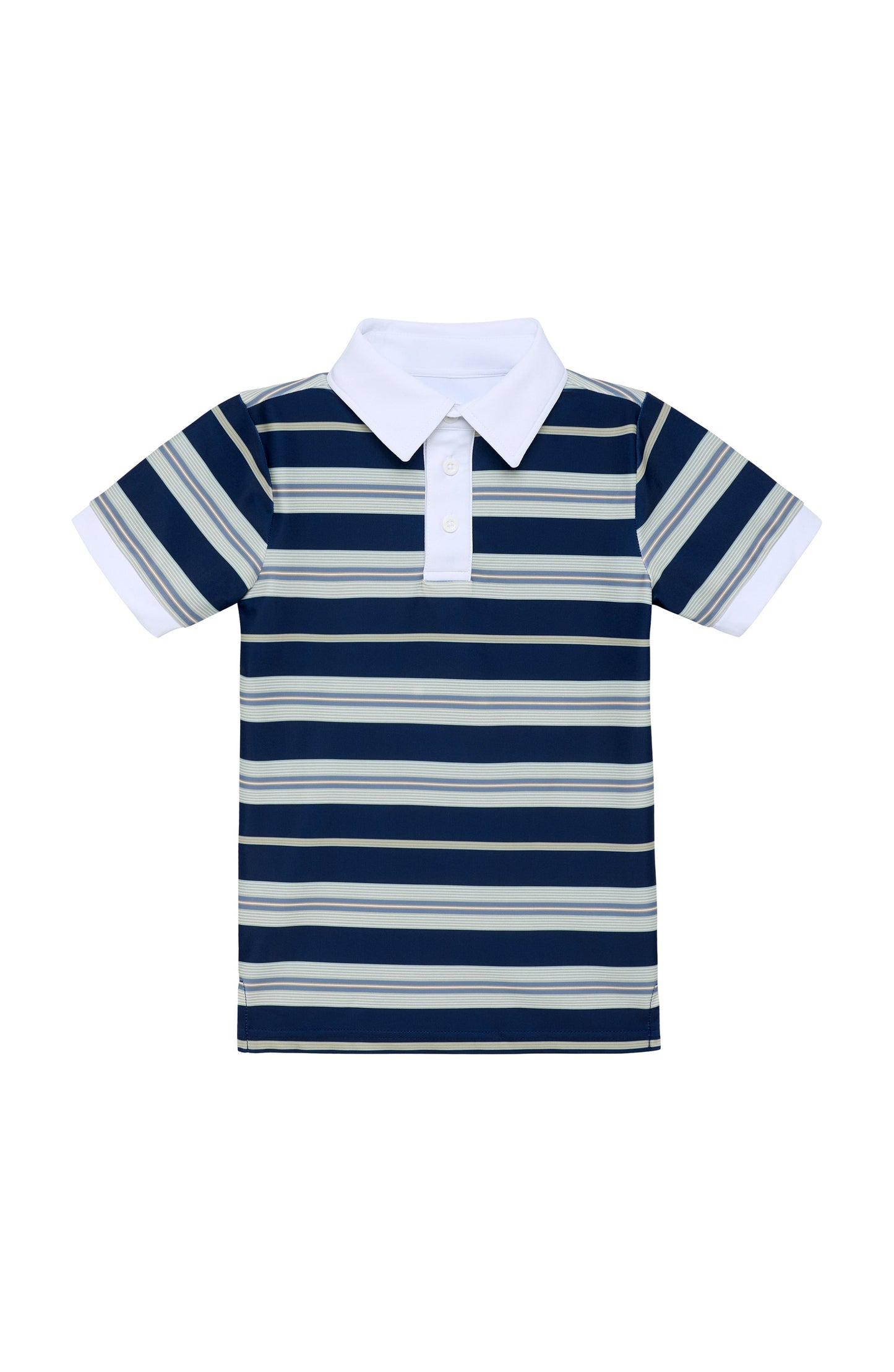 performance polo with navy, grey, green and white stripes
