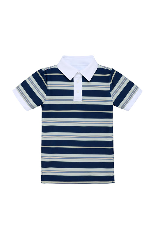 performance polo with navy, grey, green and white stripes