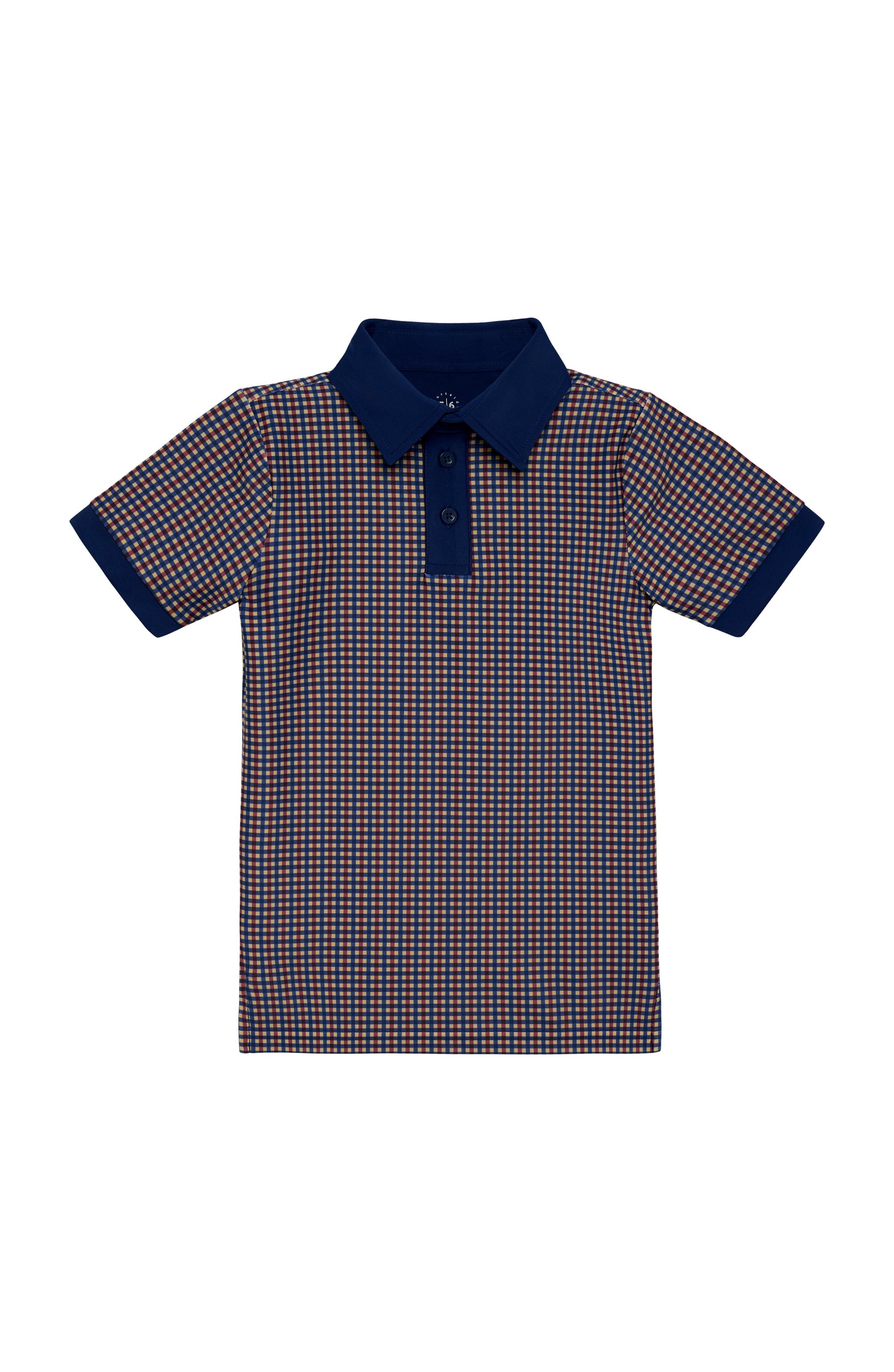 A short-sleeve polo shirt with a navy blue collar, sleeve cuffs, and placket, featuring a fine micro-pattern of small red, blue plaid. The shirt is presented flat against a solid white background.