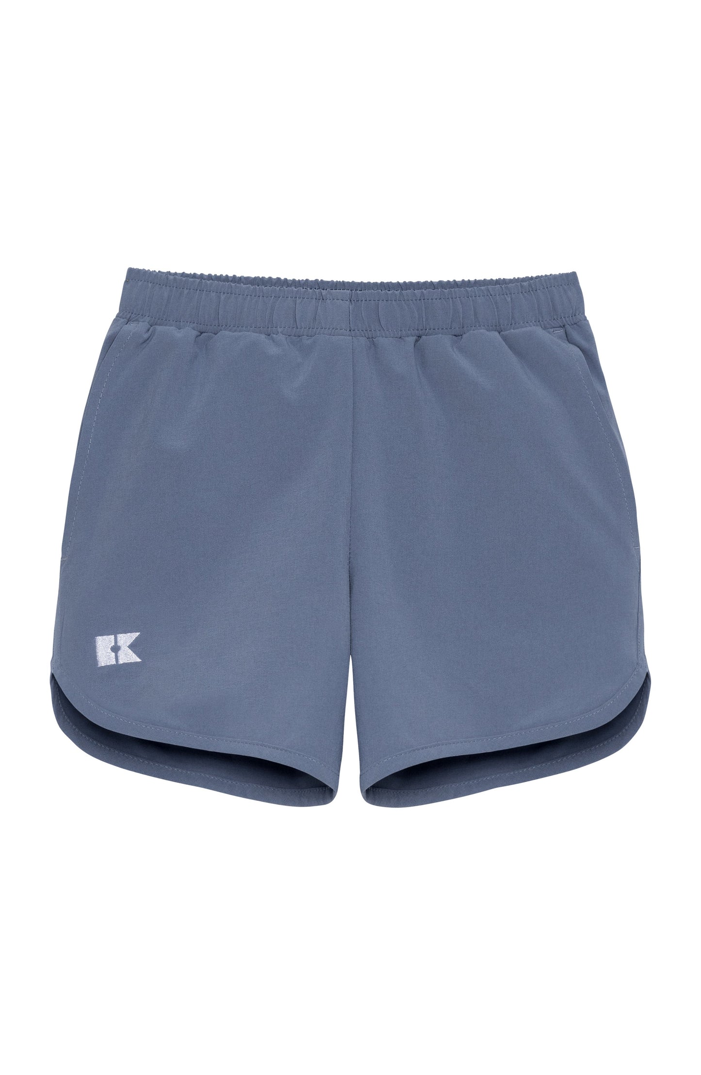 A pair of slate blue athletic shorts with an elastic waistband and a small white logo 