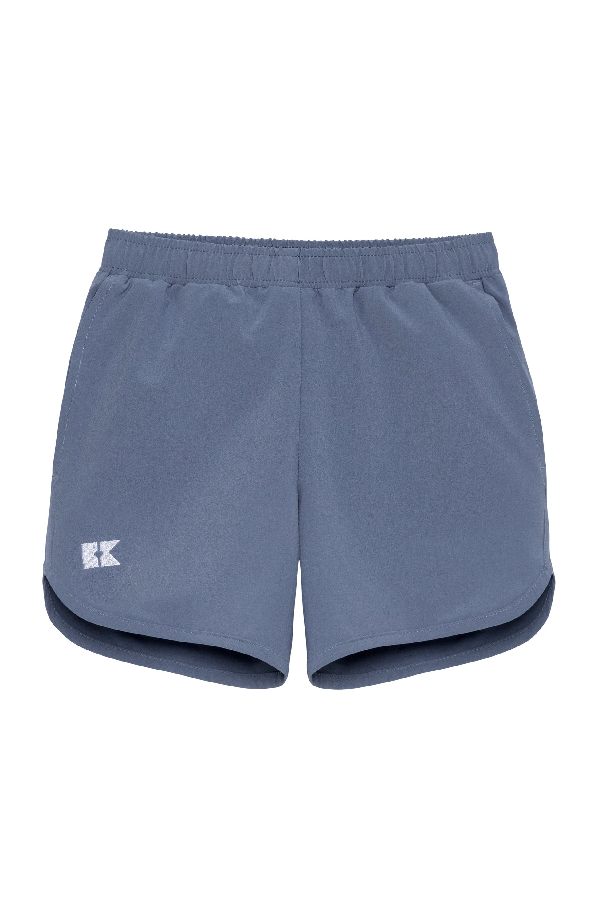 A pair of slate blue athletic shorts with an elastic waistband and a small white logo 