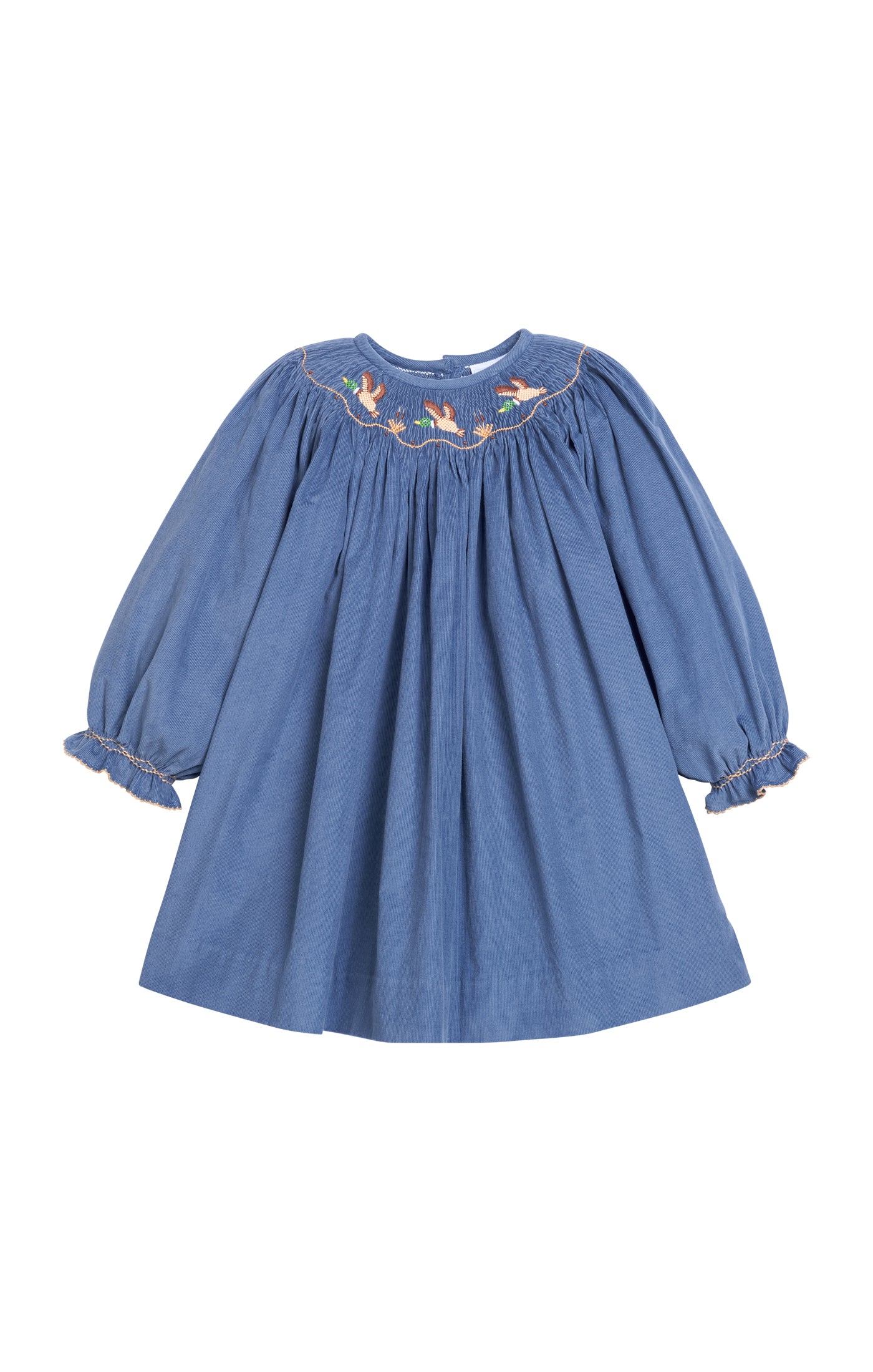 Blue dress with smocked duck details on a white background