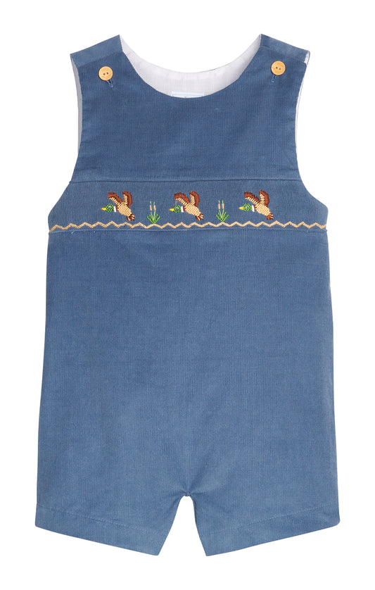 Blue children's overalls with smocked duck design  on a white background