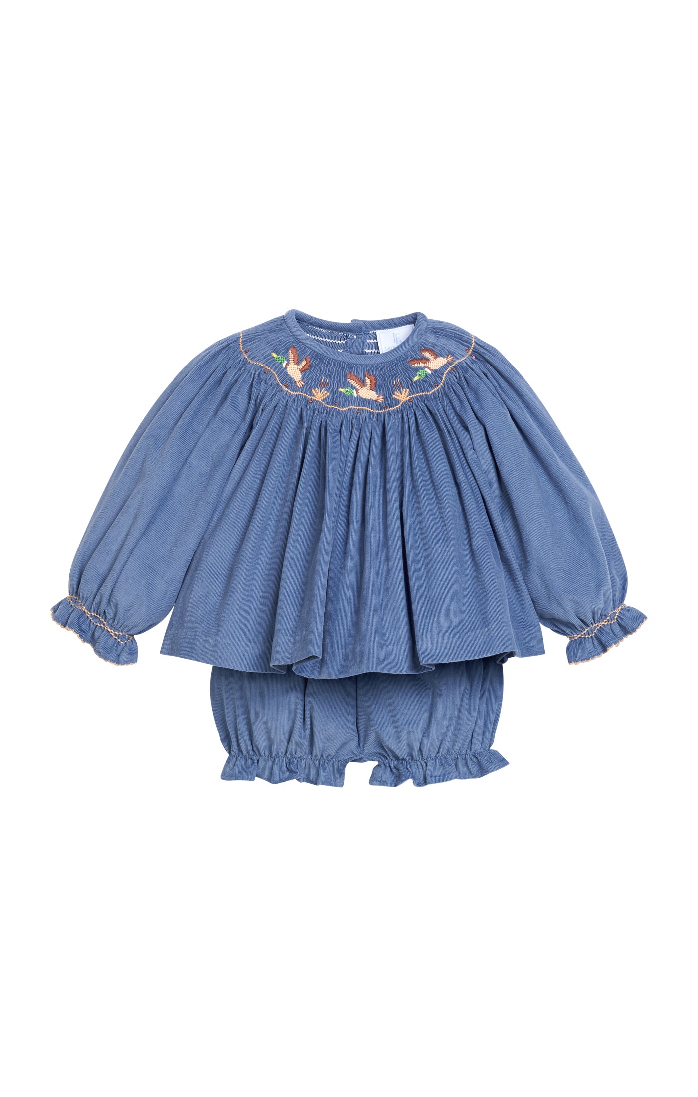 blue smocked bloomer set with smocked duck design