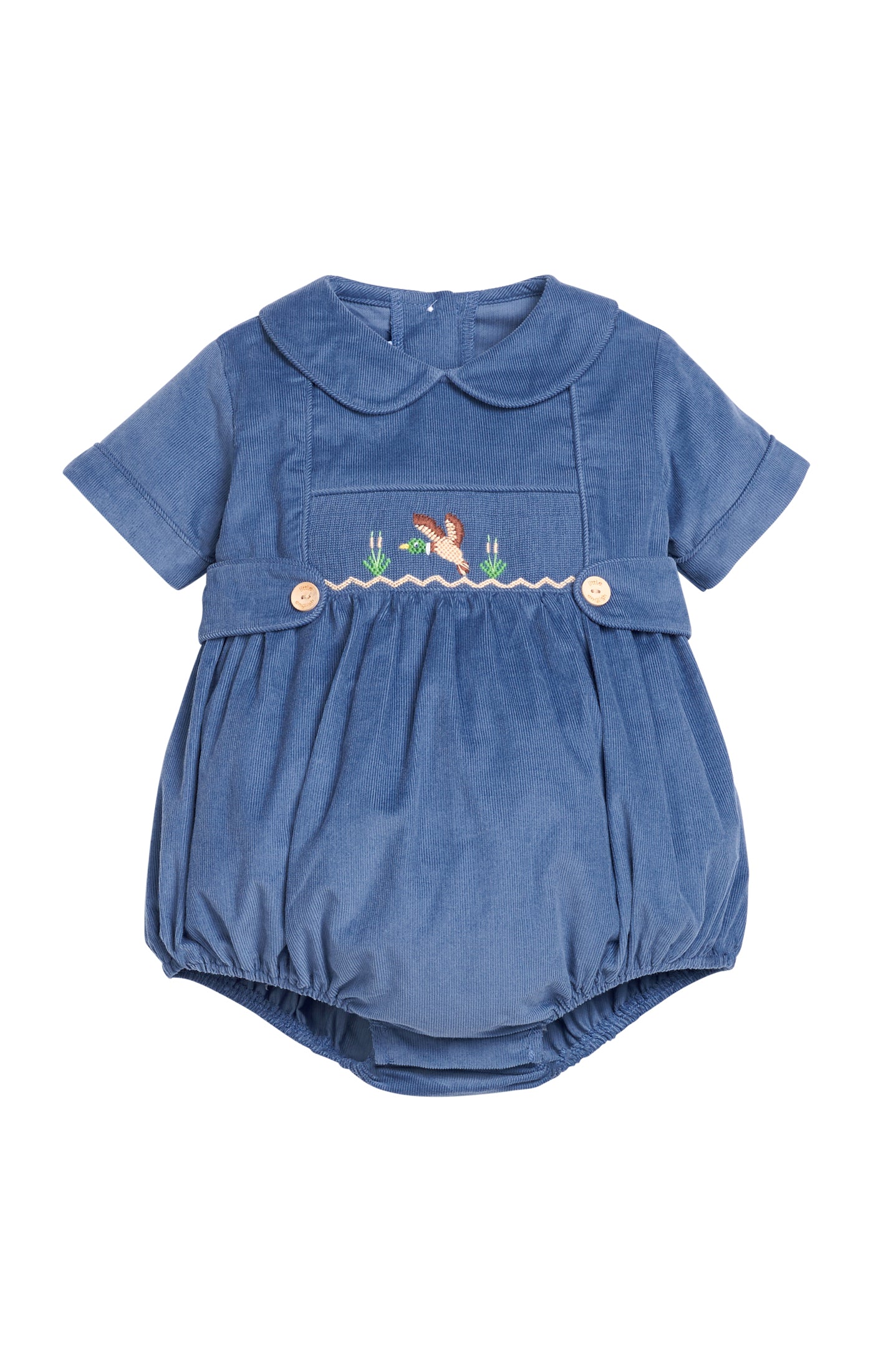 Blue Smocked Bubble with smocked duck design