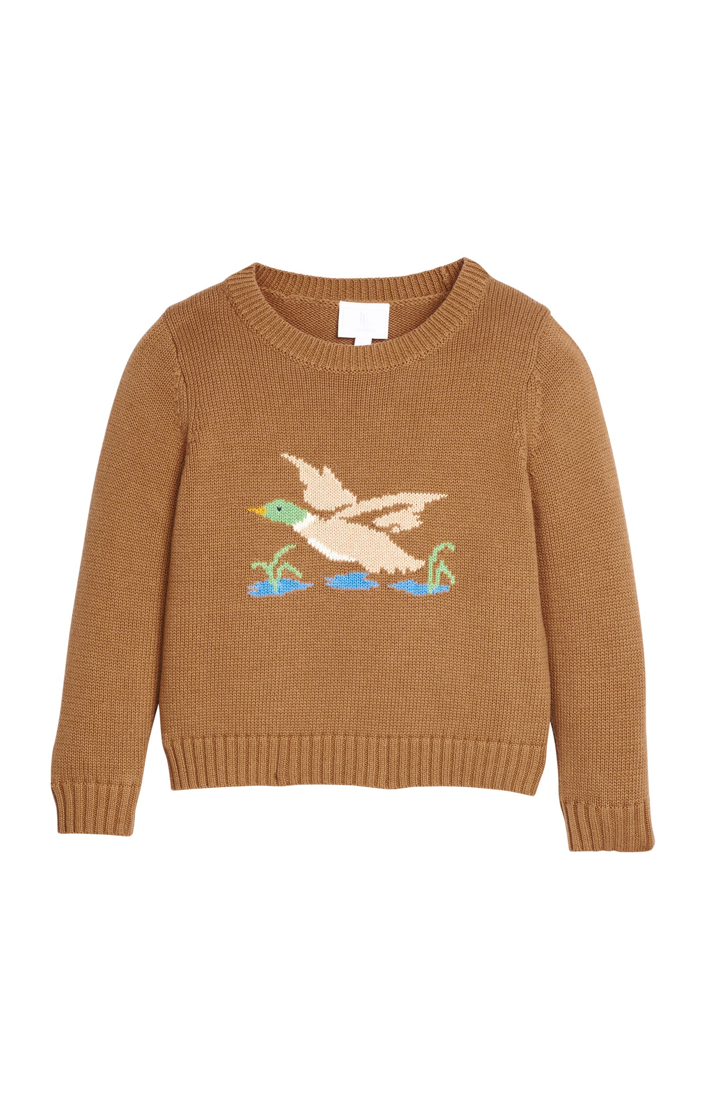 Brown sweater with a duck design on a white background