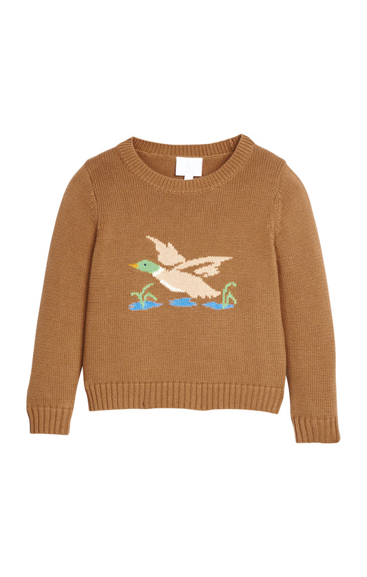 Brown sweater with a duck design on a white background